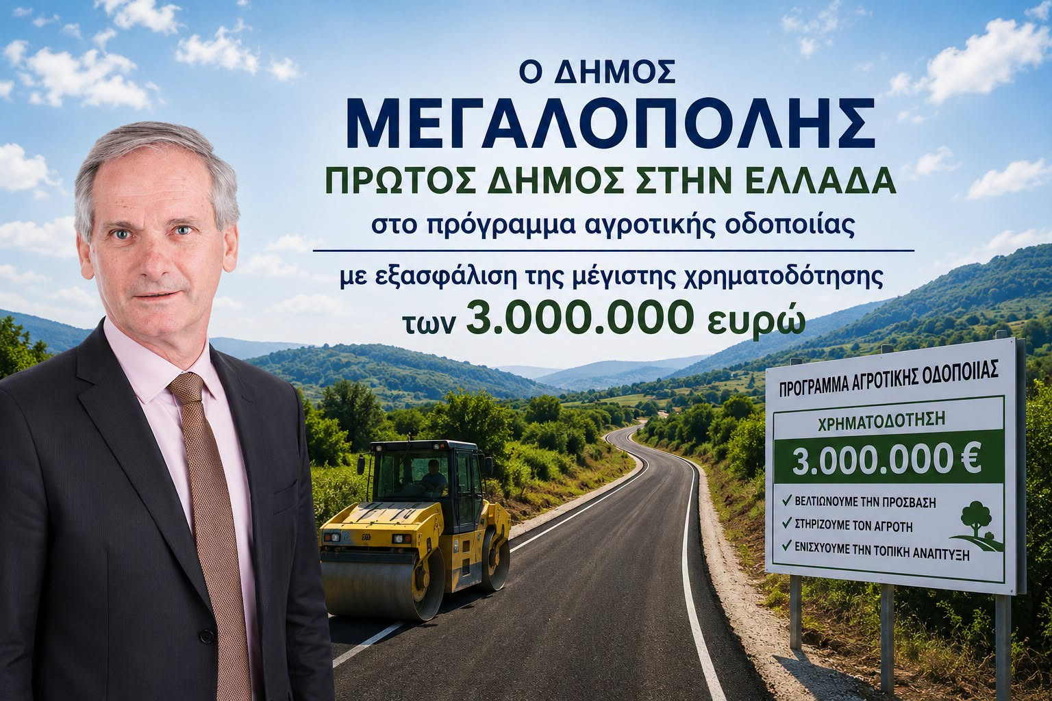 Πανελλαδική διάκριση για τον δήμο Μεγαλόπολης στο πρόγραμμα αγροτικής οδοποιίας